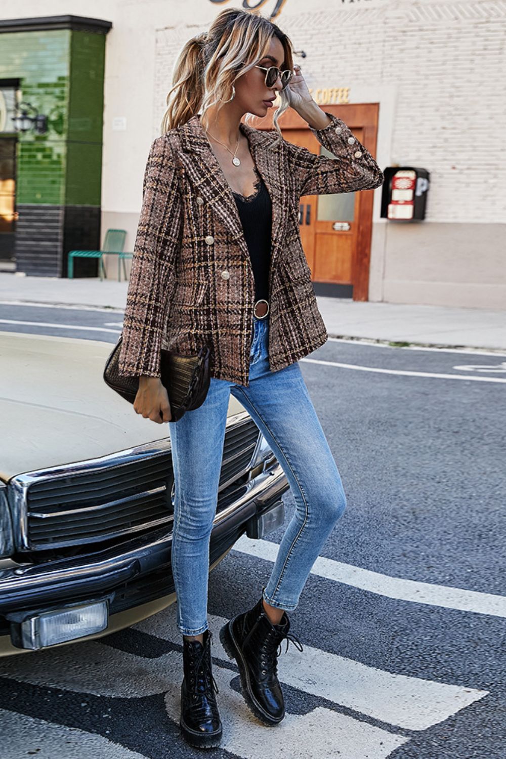 Full Size Plaid Buttoned Blazer - Scarlett's Riverside Boutique 