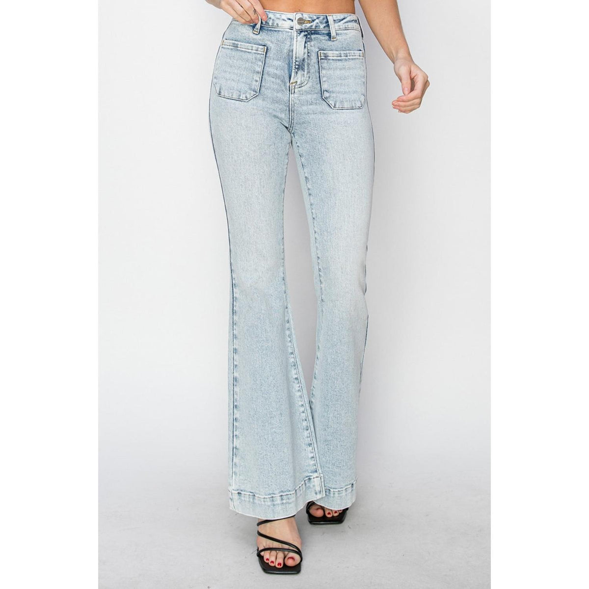 Risen Full Size High Rise Front Patch Pocket Flare Jeans Tummy Control Bootcut Jeans High-Rise Bootcut Denim Bottoms