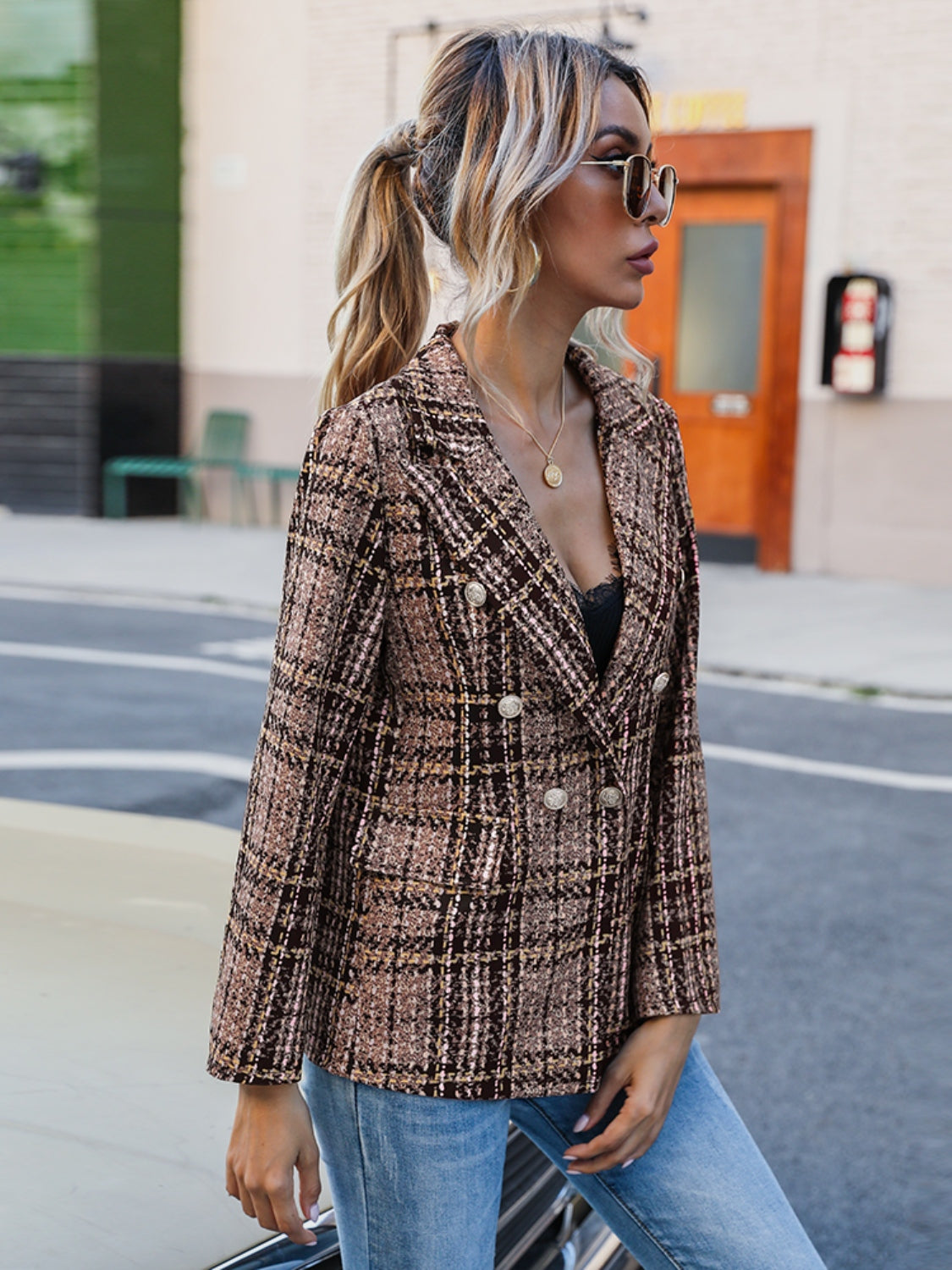 Full Size Plaid Lapel Collar Blazer - Scarlett's Riverside Boutique 