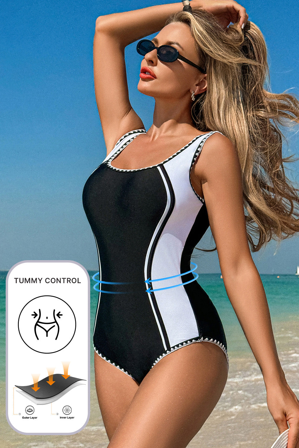 Black Color Block, Trim U Neck One Piece Swimsuit