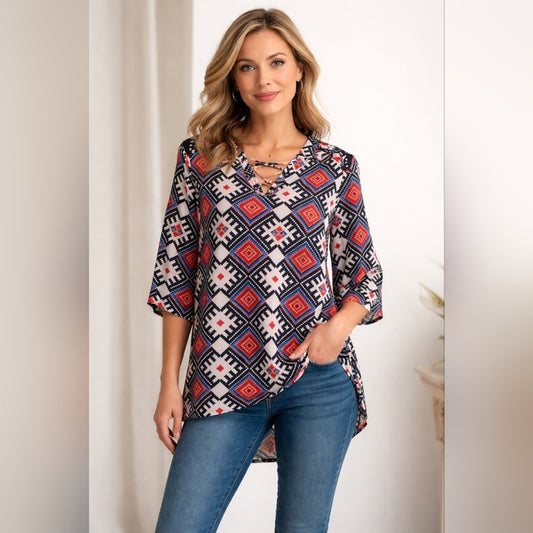 Heartsoul Aztec Print High-Low Blouse Red Black Blue | Size Large #B40
