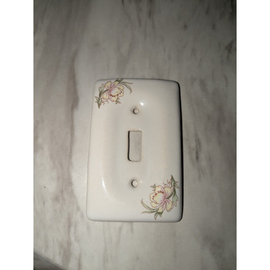 White Floral Porcelain Single Toggle Light Wall Switch Plate Cover Handpainted