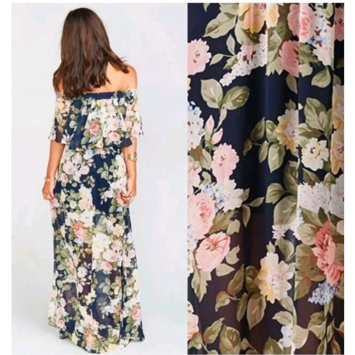 Show Me Your Mumu XS Navy Floral Off Shoulder Maxi Dress Sheer, Boho, Wedding