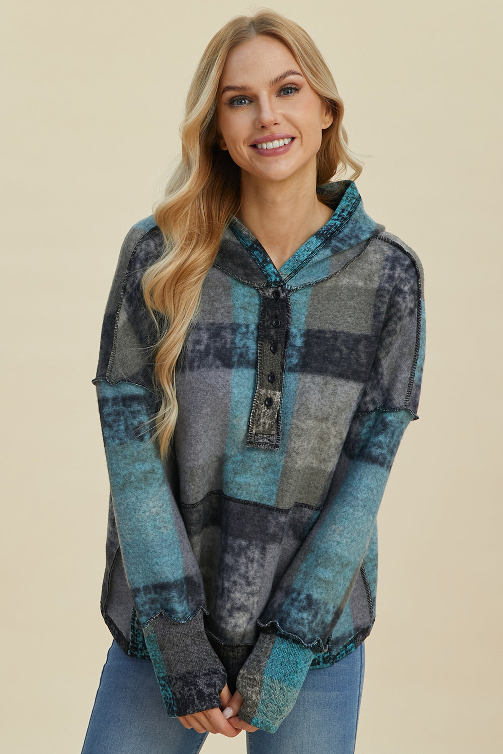 Double Take Full Size Plaid Dropped Shoulder Hoodie - Scarlett's Riverside Boutique 