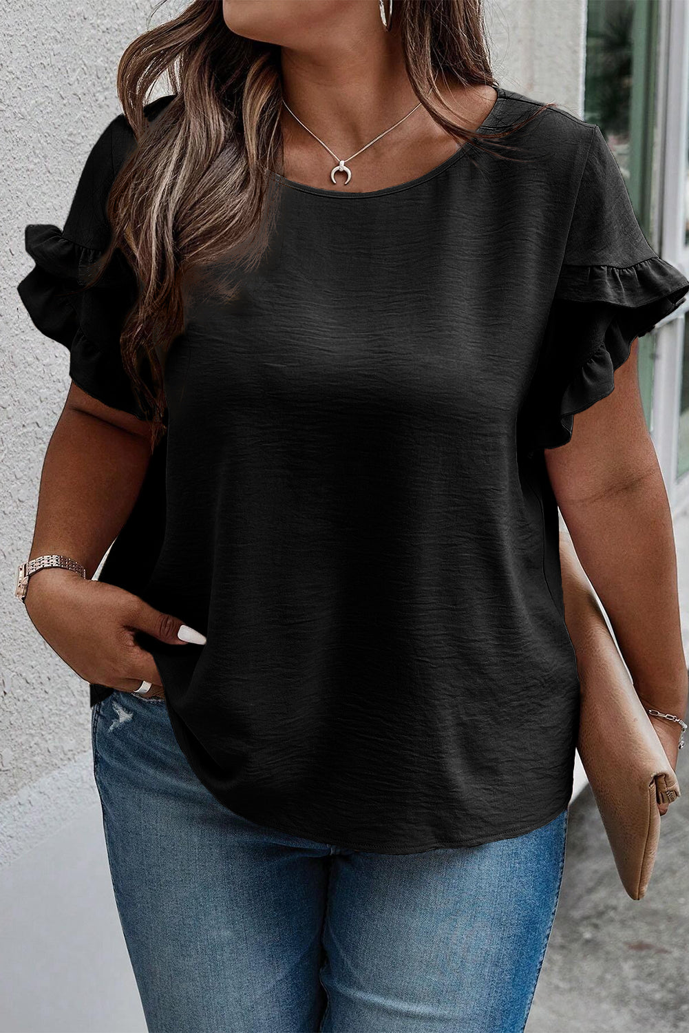 Plus Size Ruffled Round Neck Short Sleeve Blouse - Scarlett's Riverside Boutique 