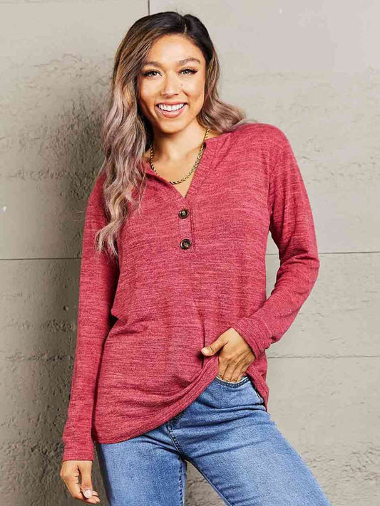 Double Take Buttoned Notched Neck Long Sleeve Top Casual Womenswear Solid Comfort