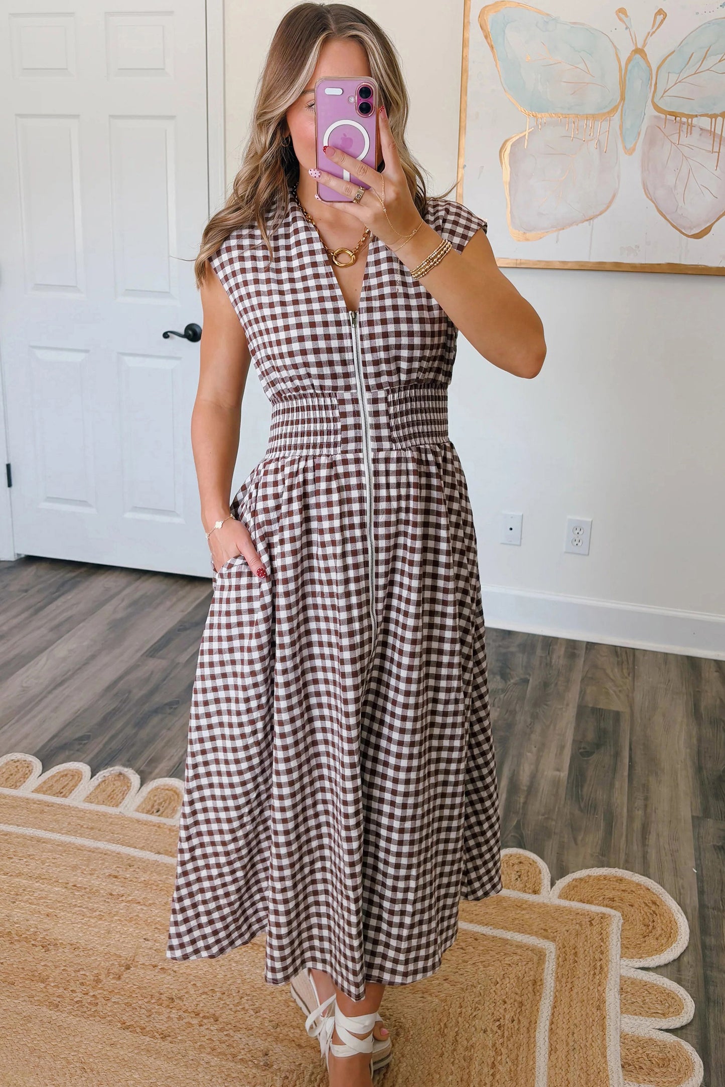 Brown Gingham Zip Front Midi Dress – Smocked Waist Sleeveless Plaid Summer Dress with Pockets