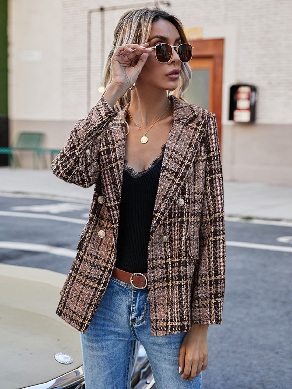 Full Size Plaid Lapel Collar Blazer - Scarlett's Riverside Boutique 