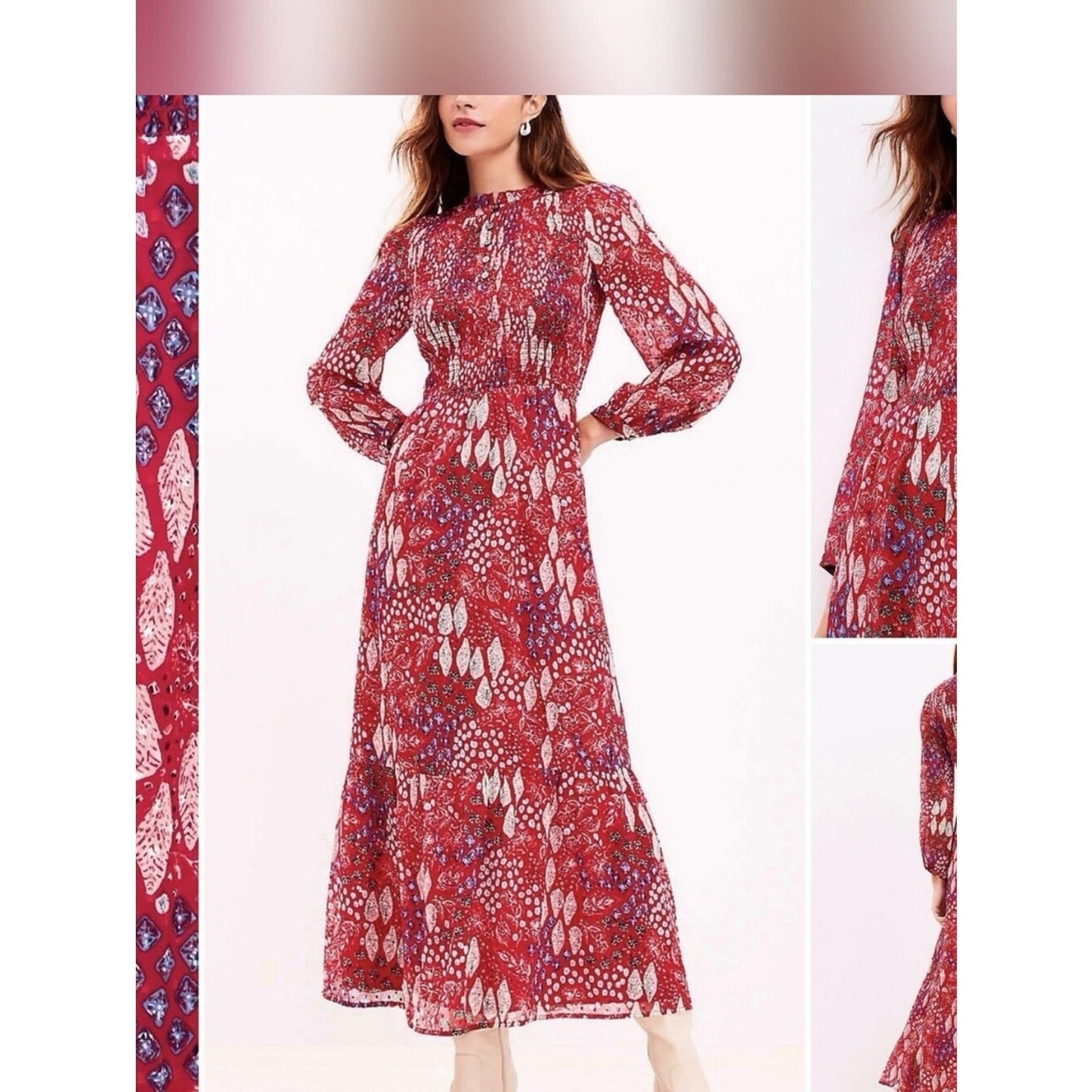 LOFT Red Floral Print Long Sheer-Sleeve Maxi Dress Sz 8