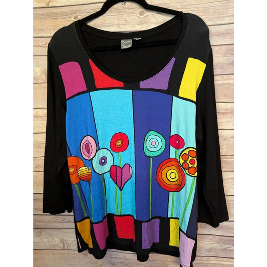 Aryeh by Dolcezza Colorful Abstract Floral Tunic Top Women’s XXL 3/4 Sleeve Art