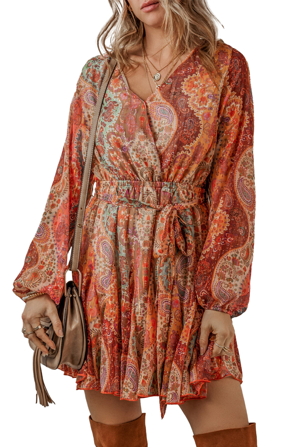 Orange Boho Paisley Print Long Sleeve Pleated Belted Mini Dress - Scarlett's Riverside Boutique 