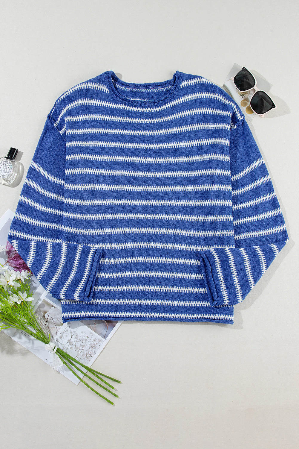 Sky Blue Stripe Drop Shoulder Casual Sweater - Scarlett's Riverside Boutique 