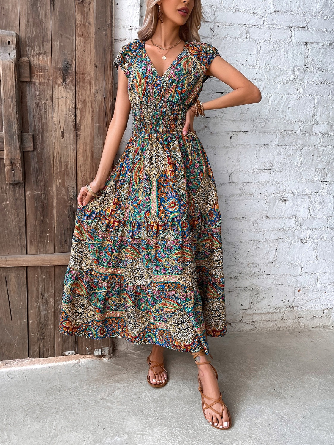 Smocked Printed Cap Sleeve Midi Dress - Scarlett's Riverside Boutique 