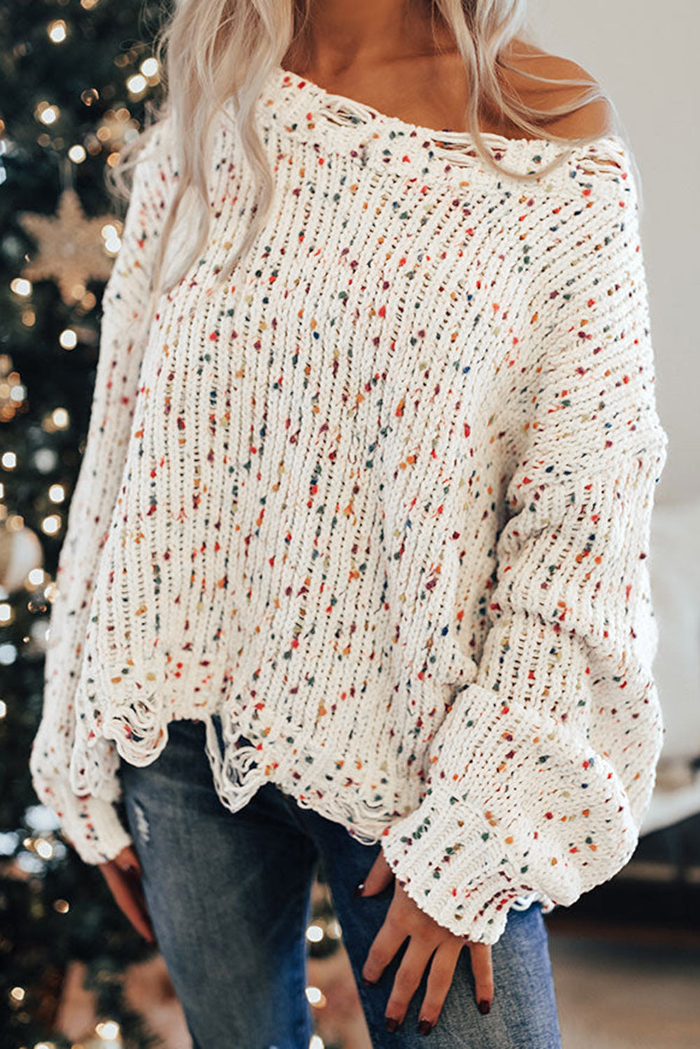 White Colorful Confetti Distressed Knit Sweater - Scarlett's Riverside Boutique 