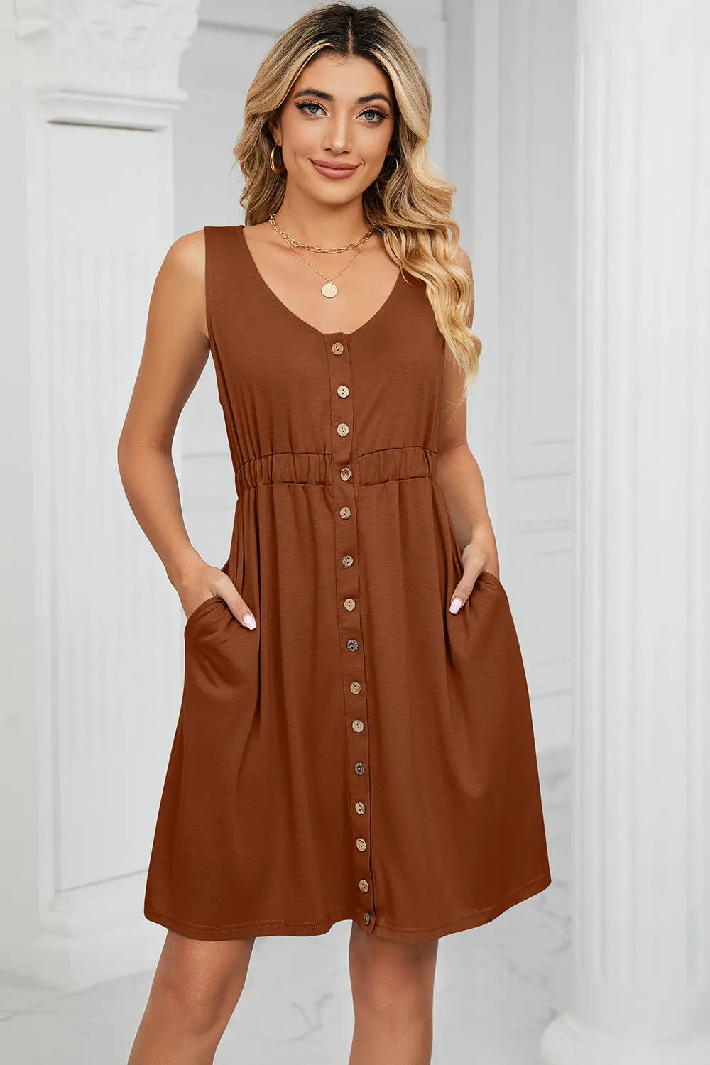 Buttoned Wide Strap Mini Dress - Scarlett's Riverside Boutique 