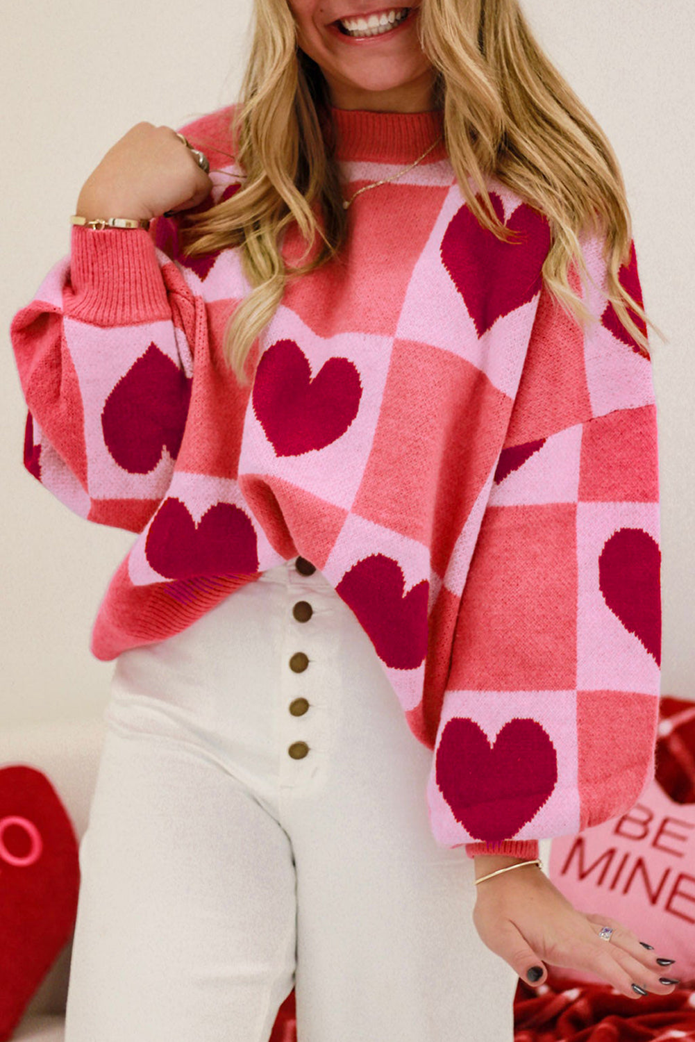 Pink Plus Size Love Heart Block Mock Neck Lantern Sleeve Valentine's Sweater