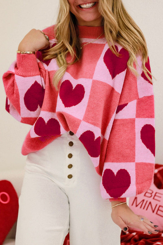 Pink Plus Size Love Heart Block Mock Neck Lantern Sleeve Valentine's Sweater