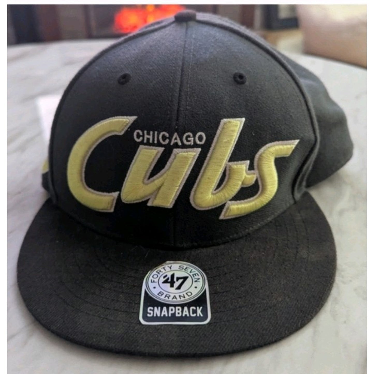 Chicago Cubs '47 Brand Snapback Hat Black Gold Script Logo MLB Adjustable Cap