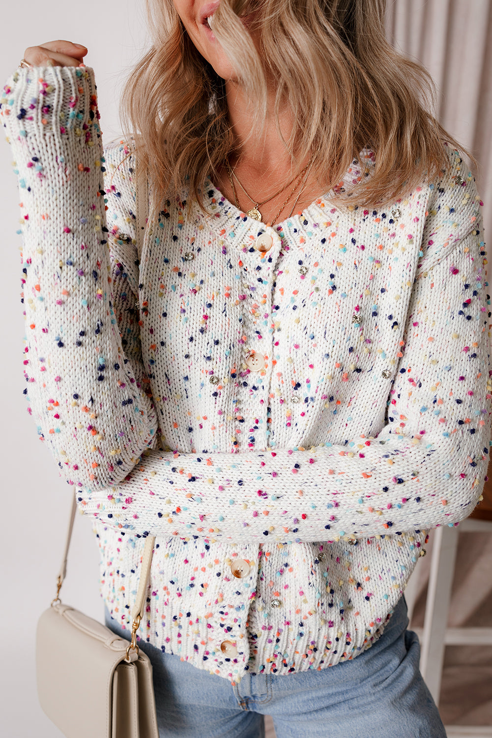 White Multicolor Confetti Sweater Cardigan - Scarlett's Riverside Boutique 