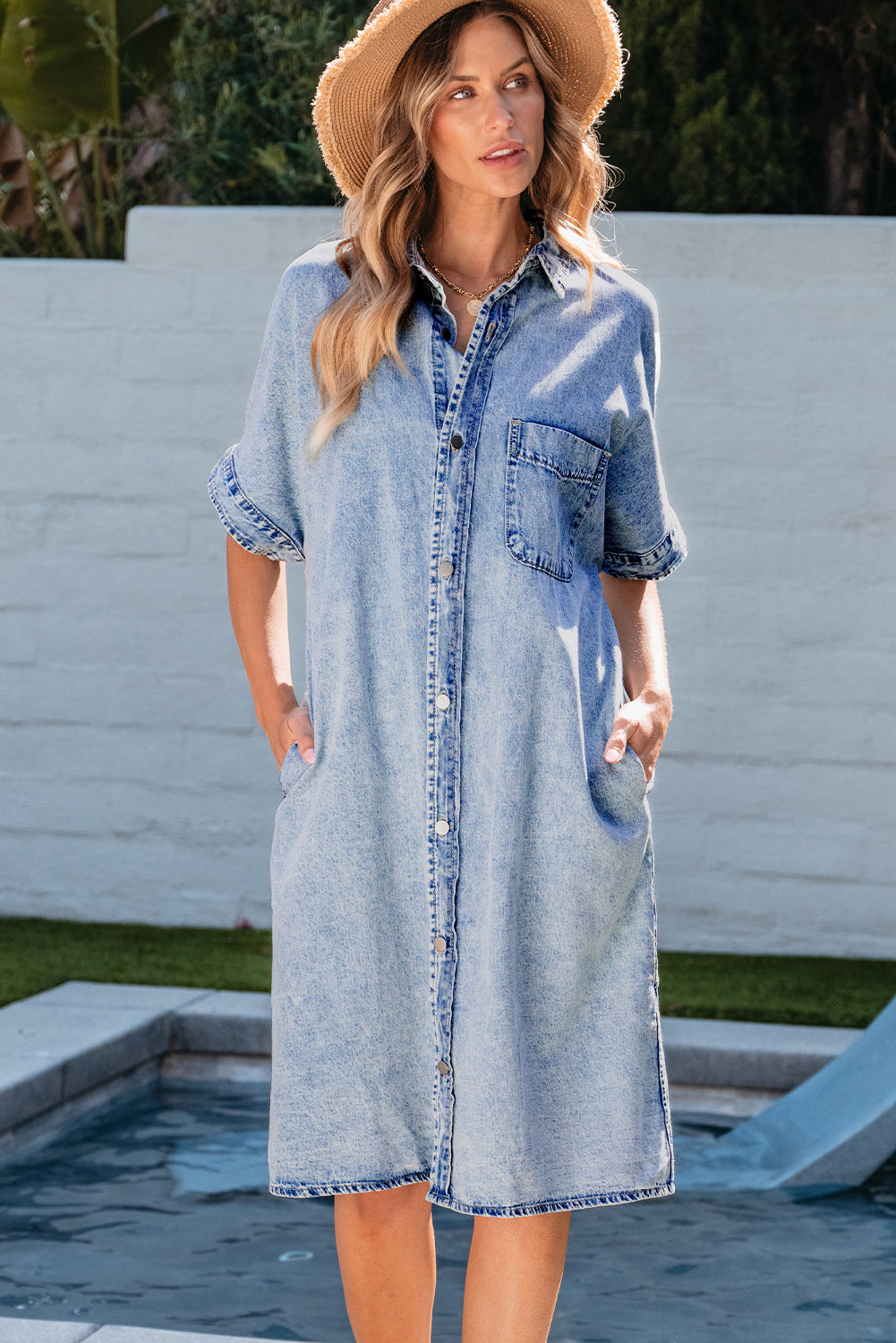 Light Blue Loose Medium Wash Short Sleeve Shirt Chambray Dress - Scarlett's Riverside Boutique 