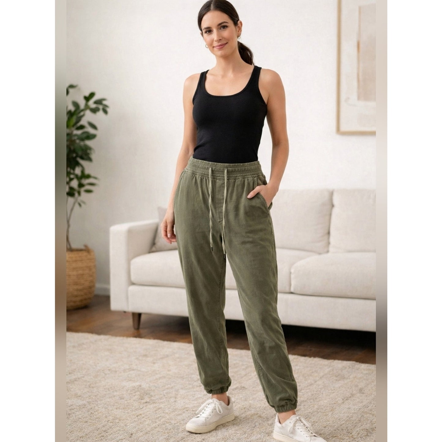 GAP Tall Olive Green Drawstring Jogger Pants Womens Casual Pull On Tapered Pants
