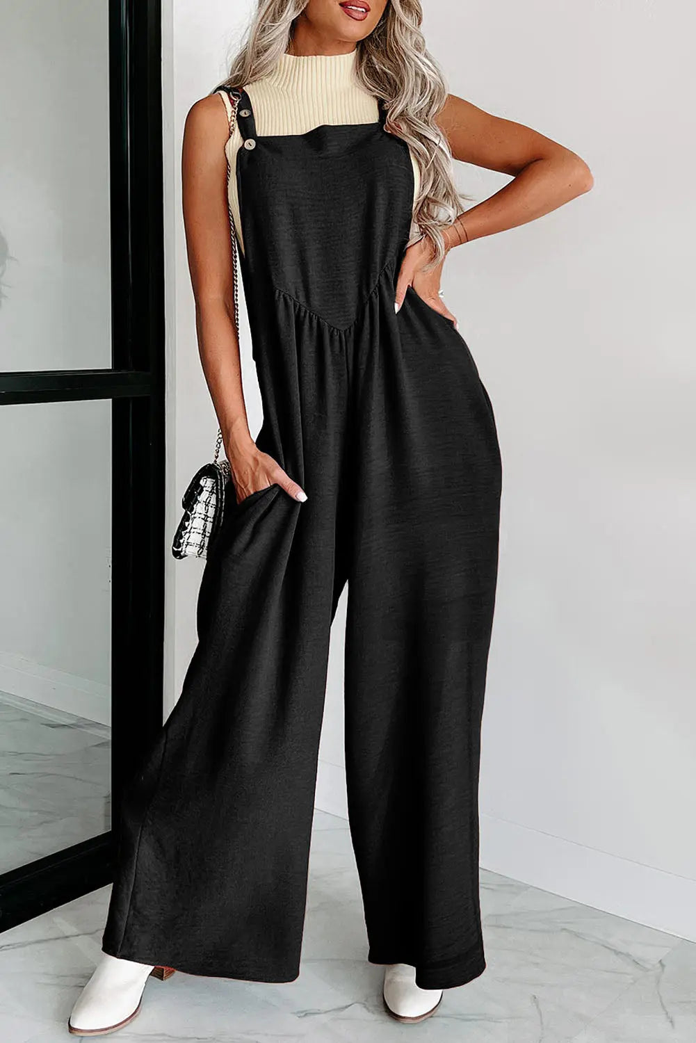 Black Textured Buttoned Straps Ruched Wide Leg Jumpsuit - Scarlett's Riverside Boutique 