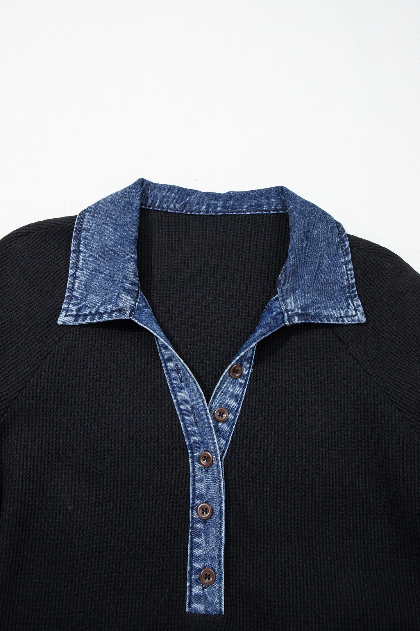 Black Waffle Knit Denim Contrast Trim Patchwork Button Polo Collar Top