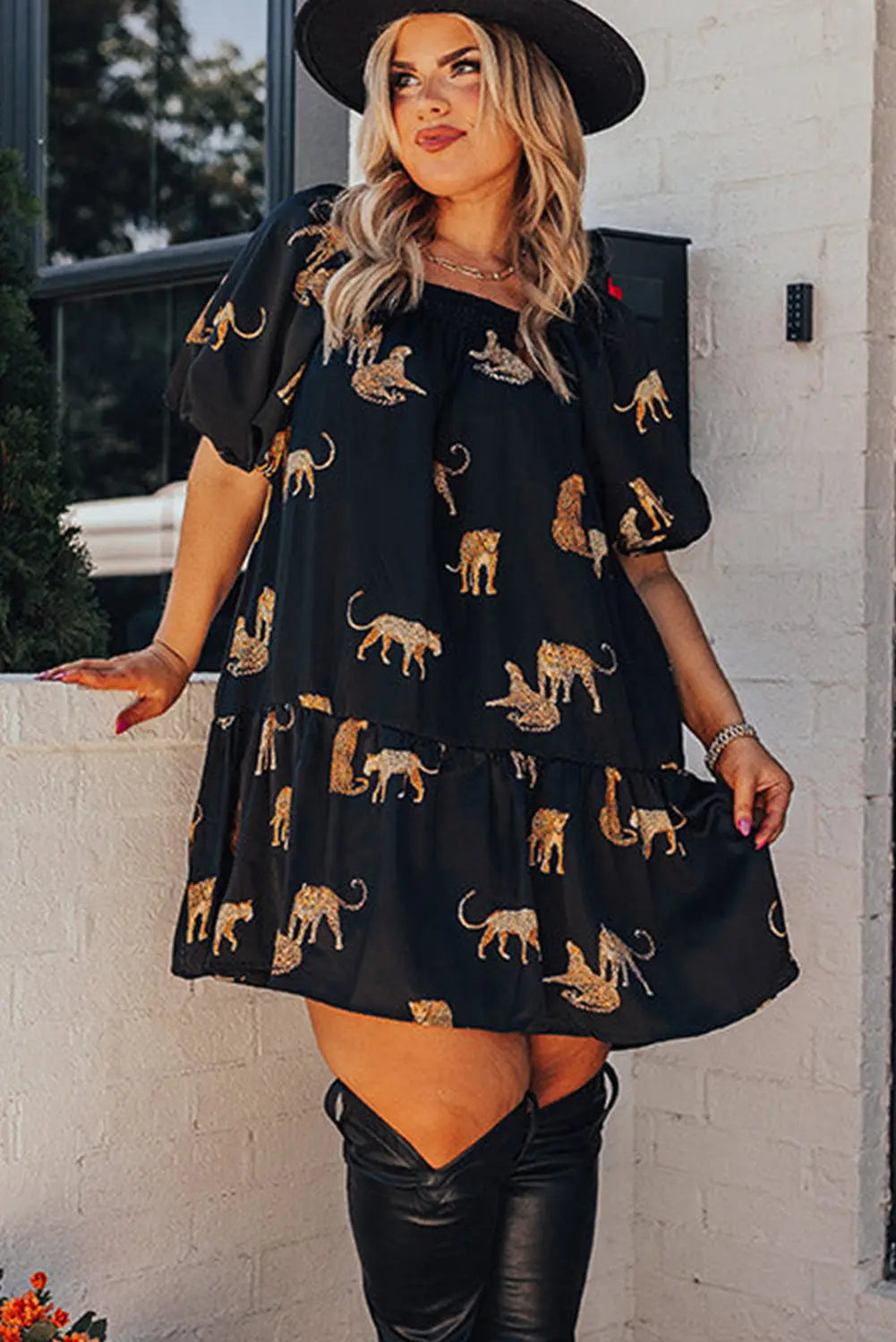 Black Plus Size Cheetah Print Puff Sleeve Ruffle Mini Dress - Scarlett's Riverside Boutique 