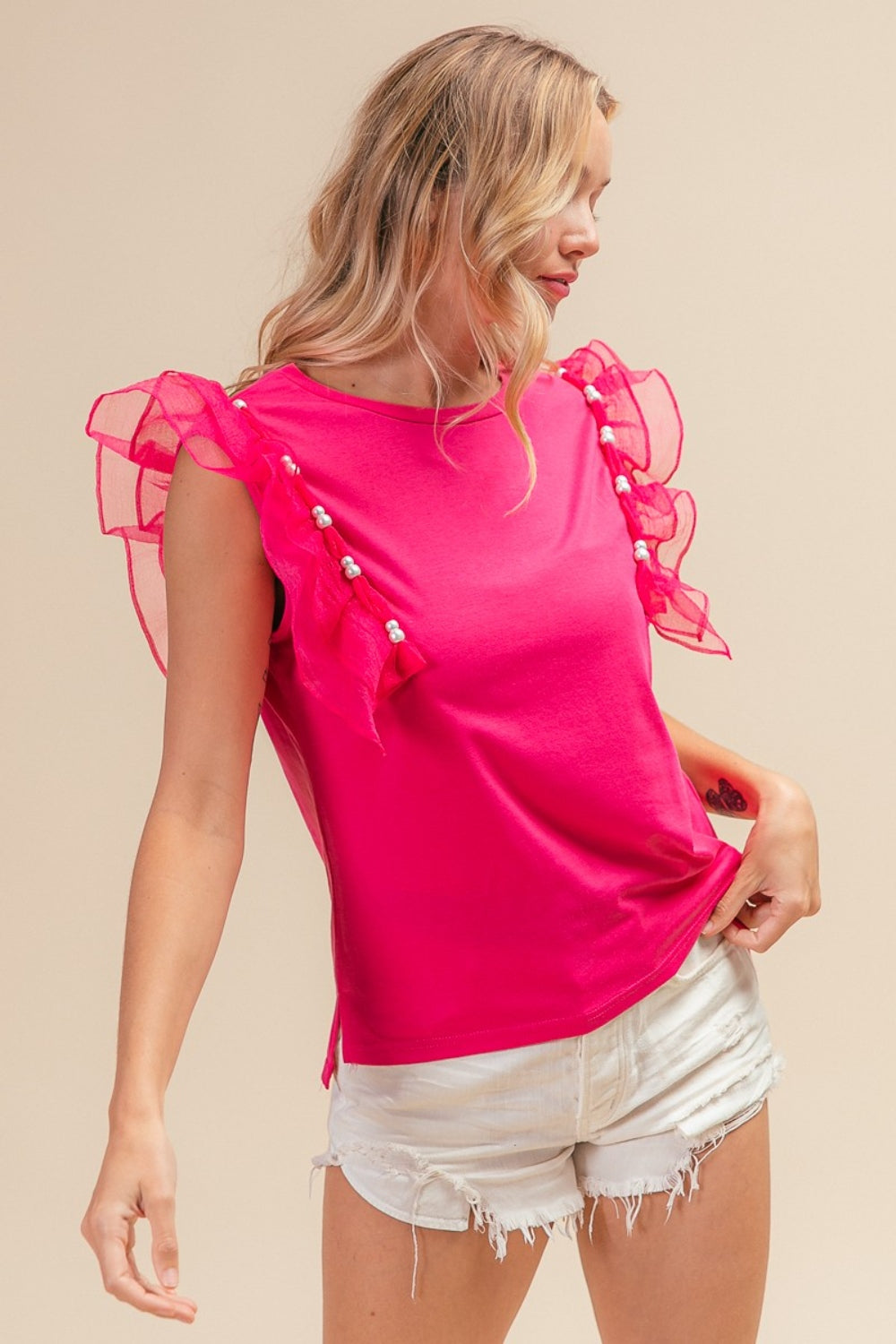 BiBi Pearl Decor Mesh Ruffle Sleeve Top - Scarlett's Riverside Boutique 