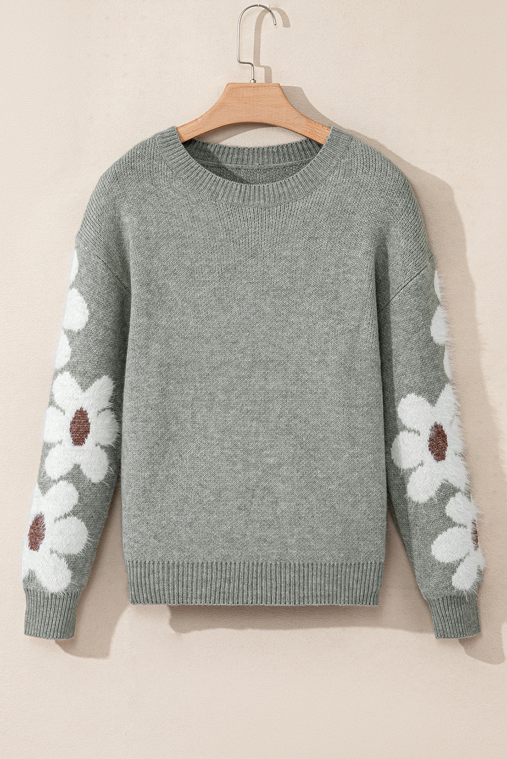 Light Grey Flower Sleeve Drop Shoulder Sweater