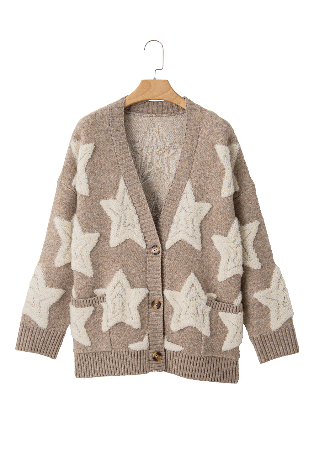 Khaki Sherpa Star Pattern Textured Sweater Cardigan with Pockets - Scarlett's Riverside Boutique 