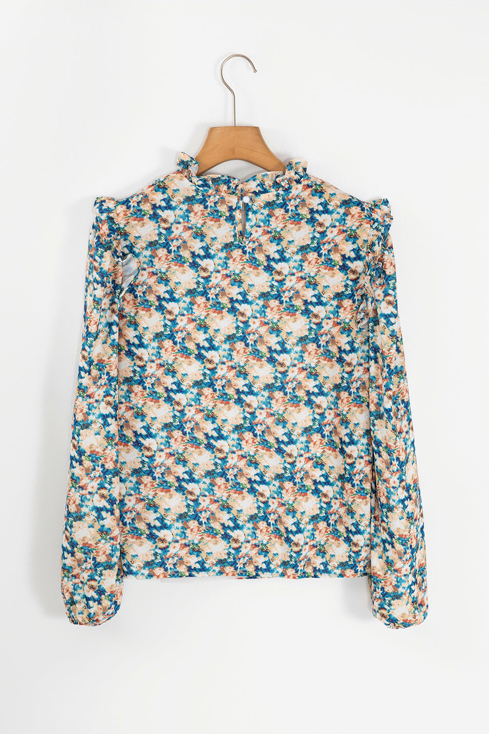 Sky Blue Floral Print Frilled Mock Neck Puff Sleeve Blouse - Scarlett's Riverside Boutique 