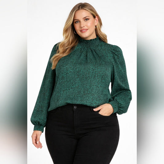 Melloday 3X Green Leopard Print Mock Neck Blouse Puff Sleeve Dressy Top Plus Siz