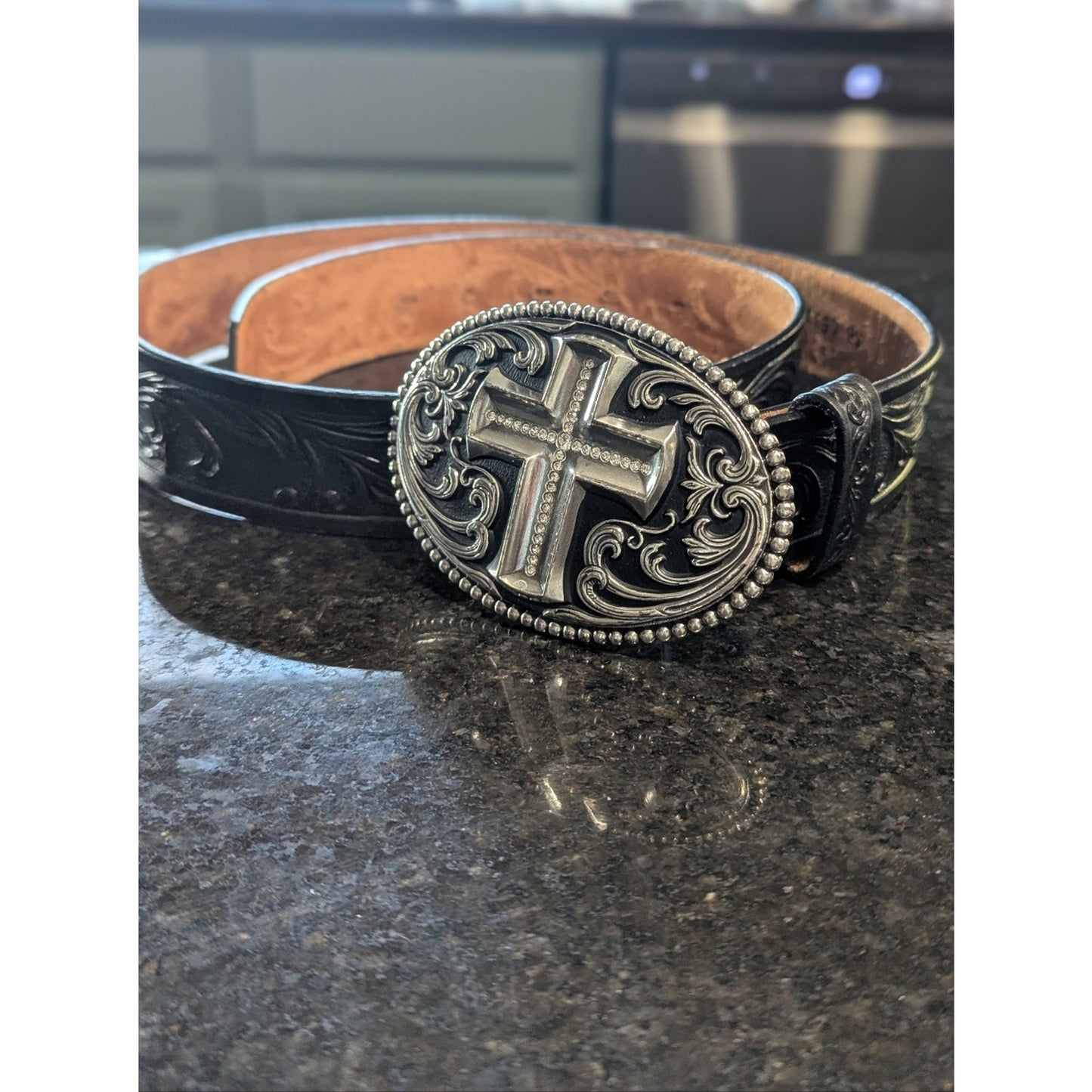 Tony Lama Black Tooled Leather Western Belt Cross Silver Buckle Size 36 Made USA