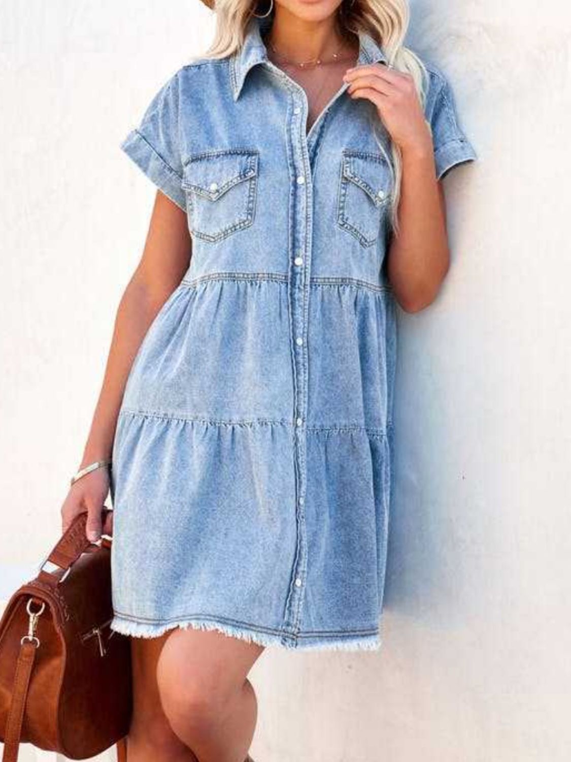 Raw Hem Short Sleeve Denim Dress - Scarlett's Riverside Boutique 