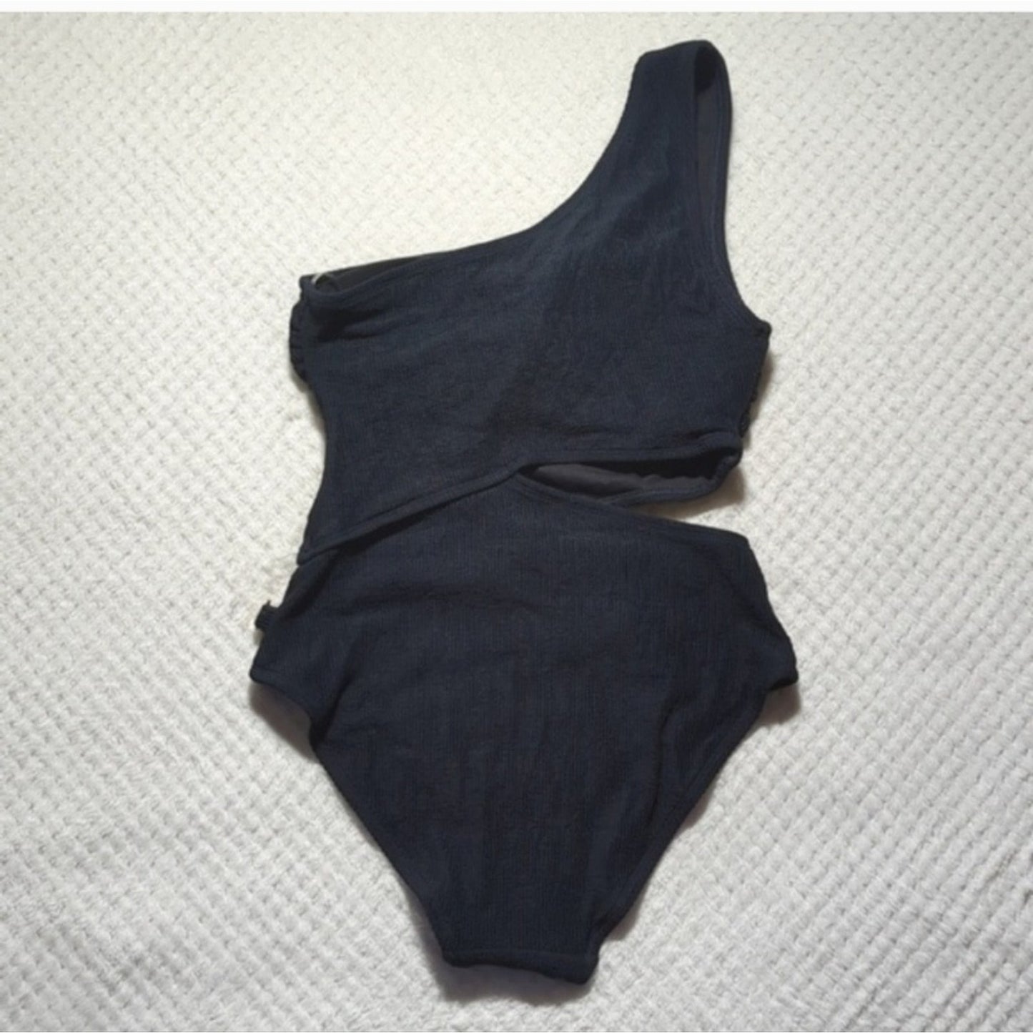 Michael Kors Black One Shoulder Cutout Ribbed One-Piece Swimsuit Sz 12. #A25