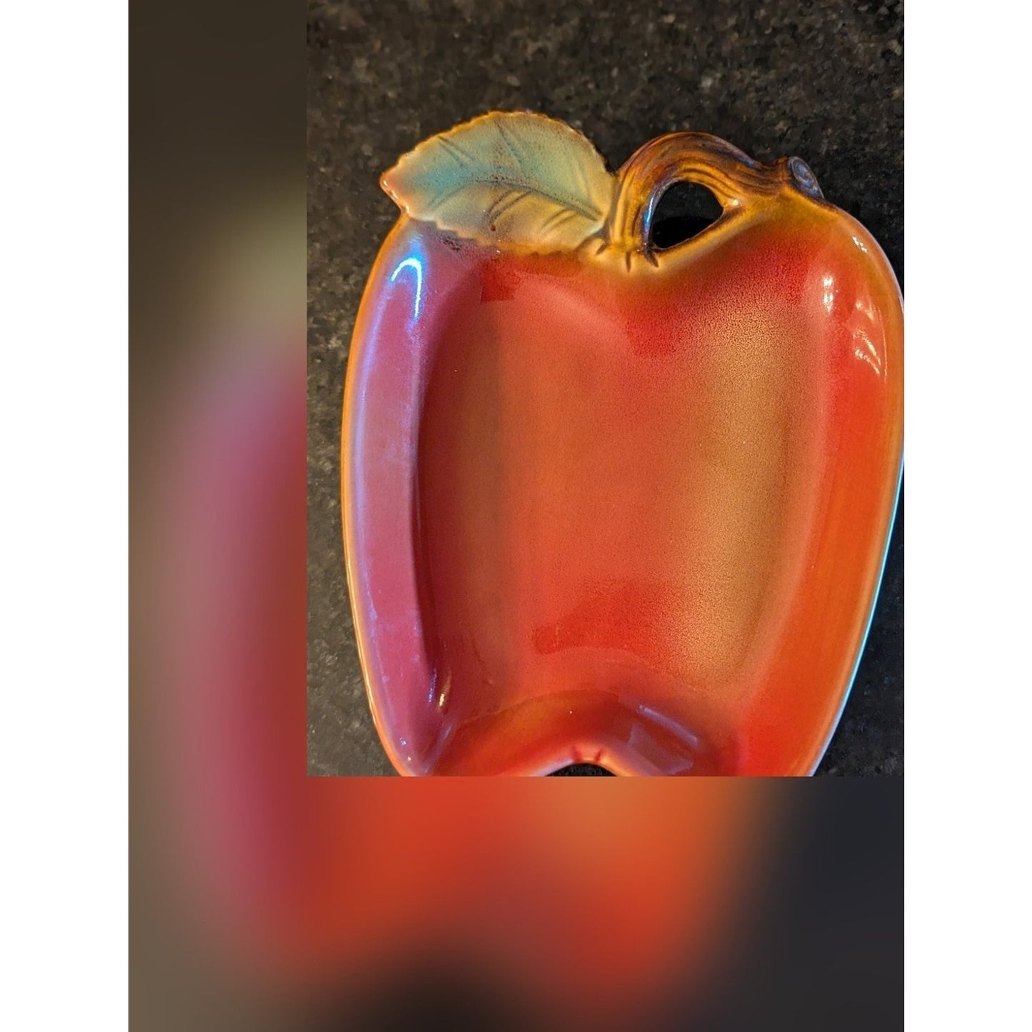 Vintage Apple Shaped Ceramic Trinket Dish Red Orange Leaf Candy Nut Dish