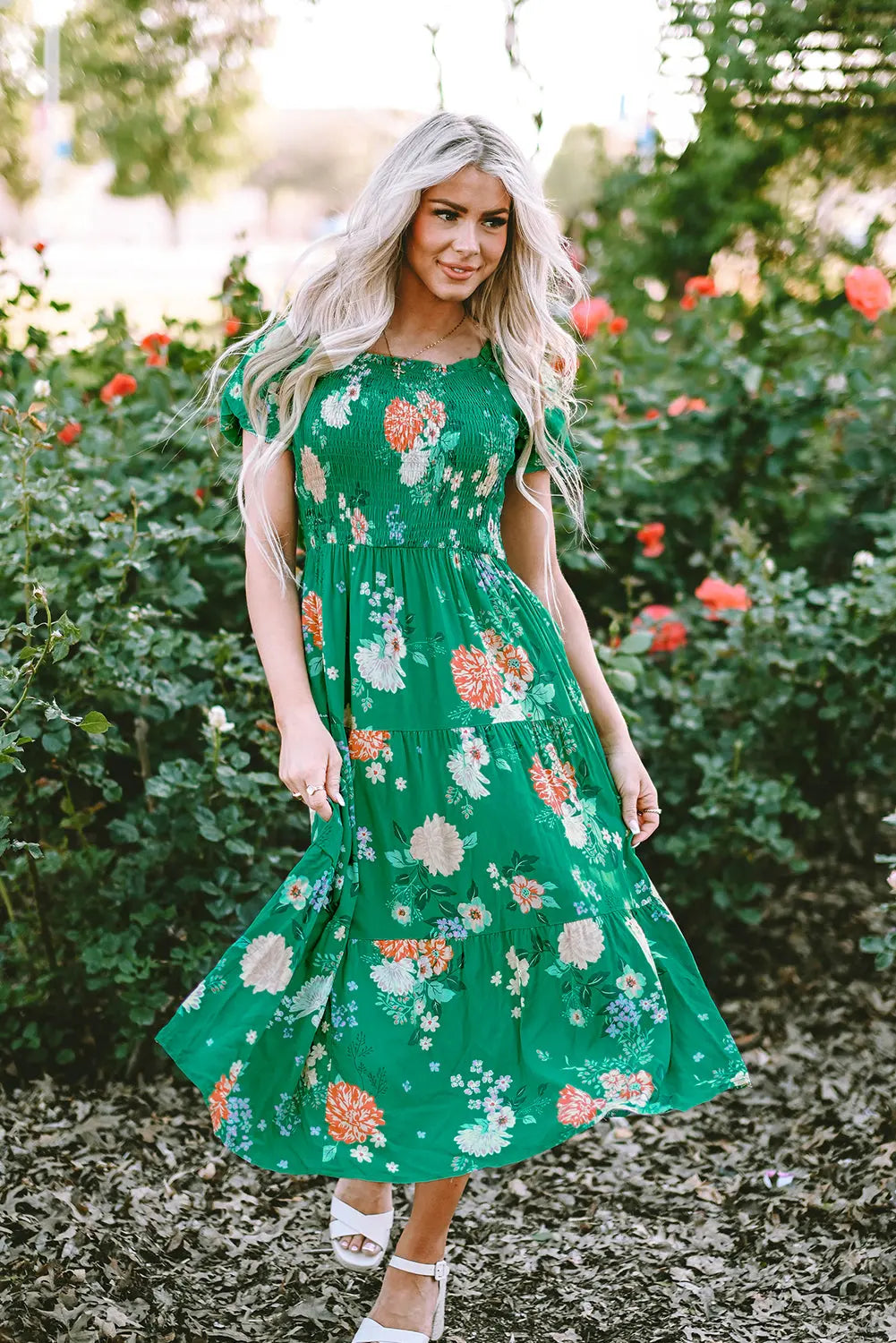 Green Floral Print Bubble Sleeve Smocked Tiered Midi Dress - Scarlett's Riverside Boutique 