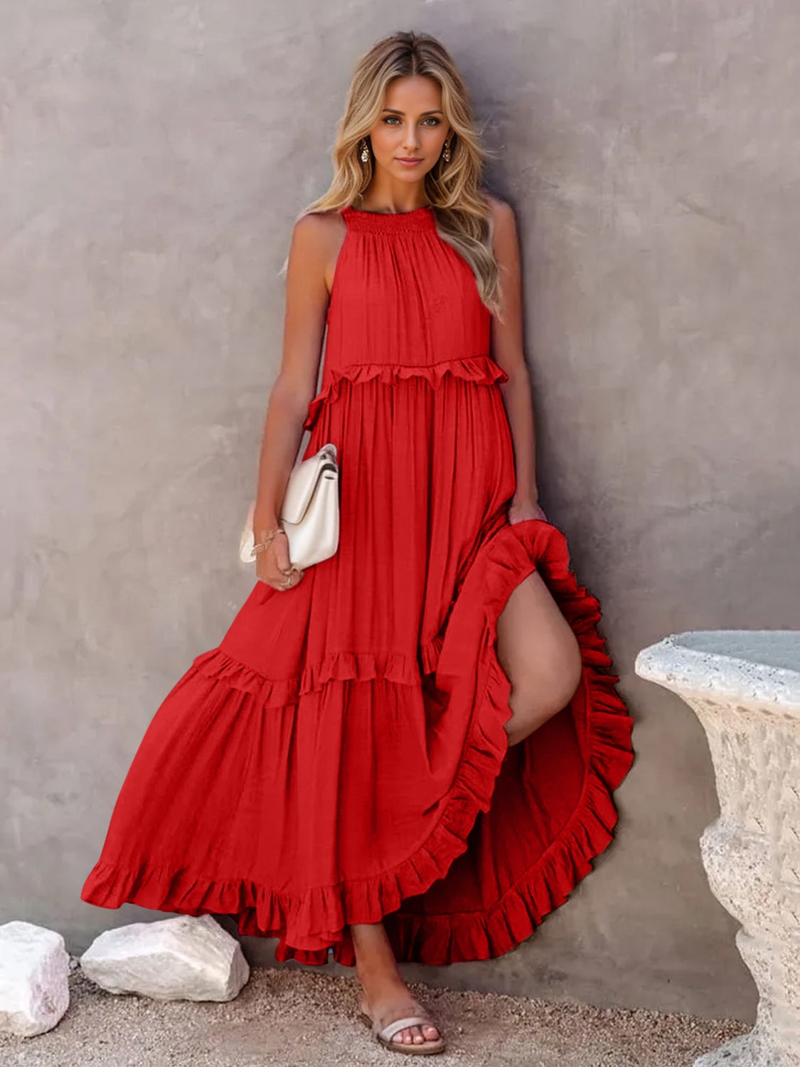 Ruffled Sleeveless Tiered Maxi Dress with Pockets - Scarlett's Riverside Boutique 