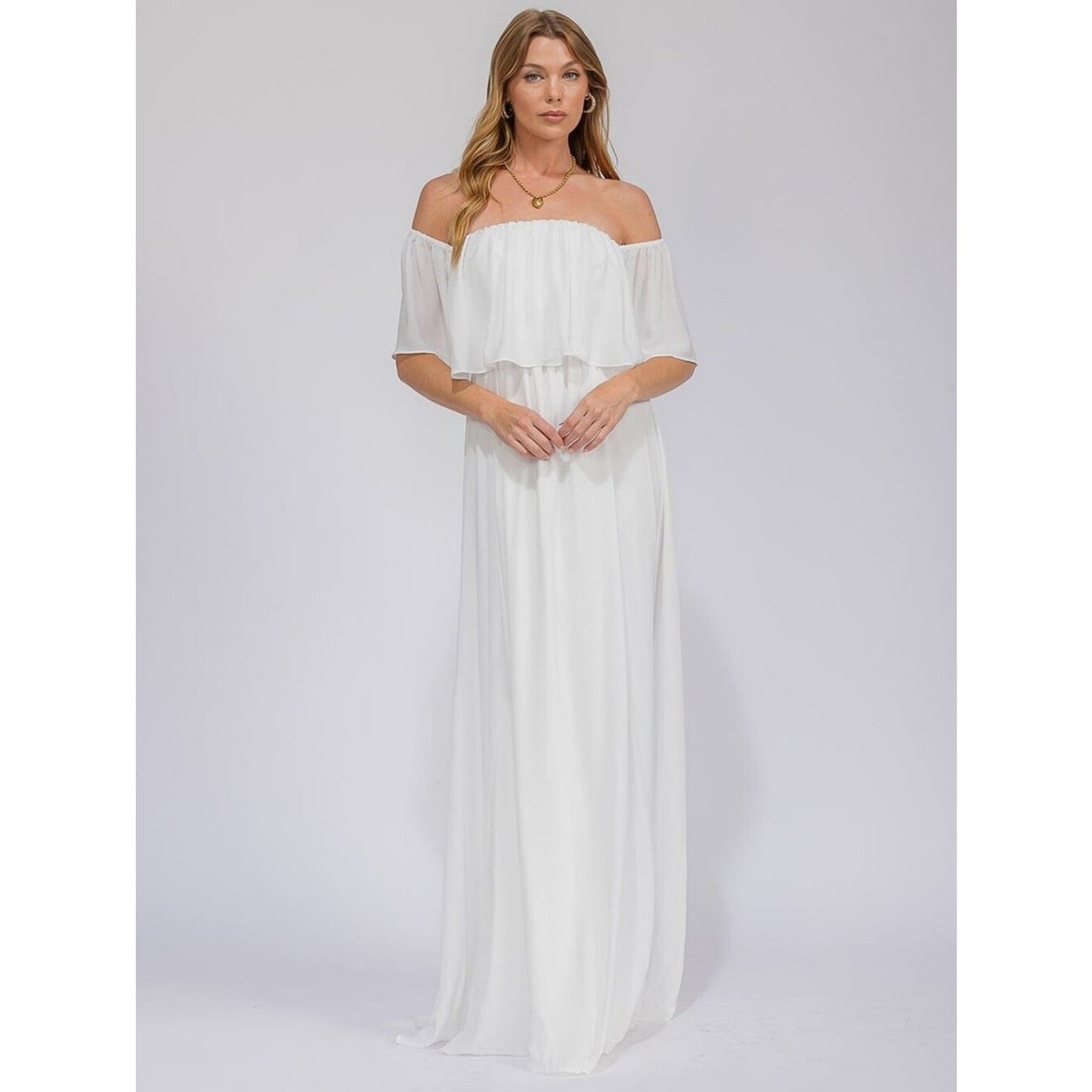 White Boho Off Shoulder Maxi Dress Flowy Ruffle Beach Wedding Bridal Dress