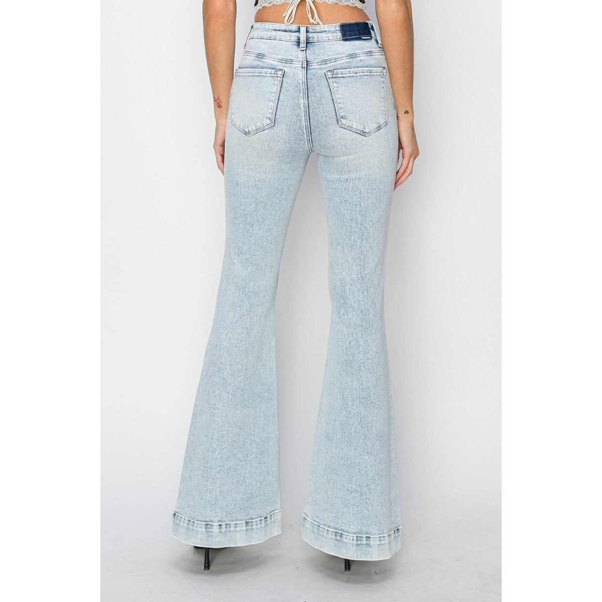 Risen Full Size High Rise Front Patch Pocket Flare Jeans Tummy Control Bootcut Jeans High-Rise Bootcut Denim Bottoms