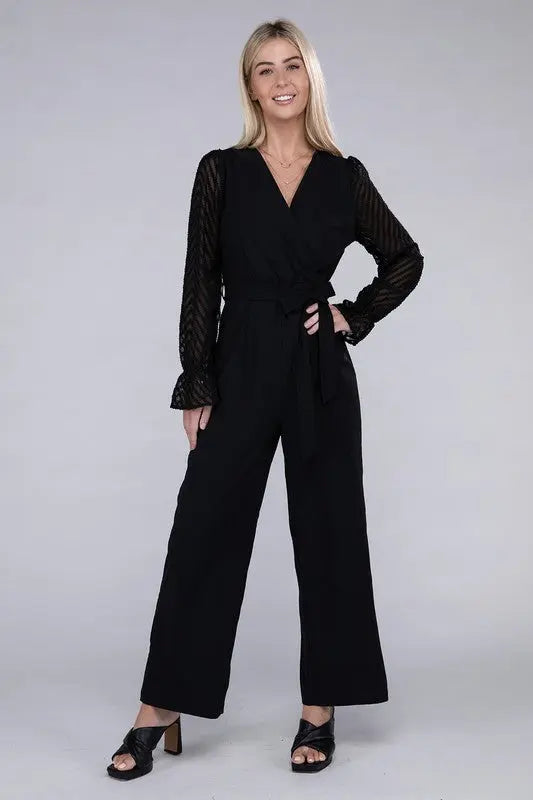 Sheer sleeve and Wide leg Jumpsuit - Scarlett's Riverside Boutique 