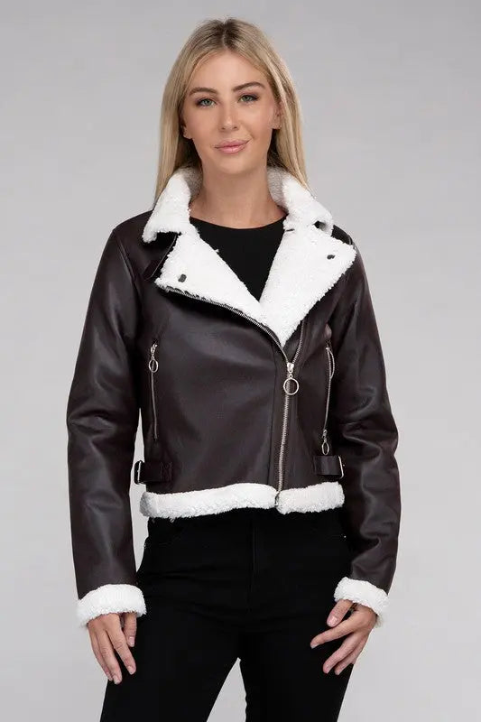 Plush Teddy Trimmed PU Jacket - Scarlett's Riverside Boutique 