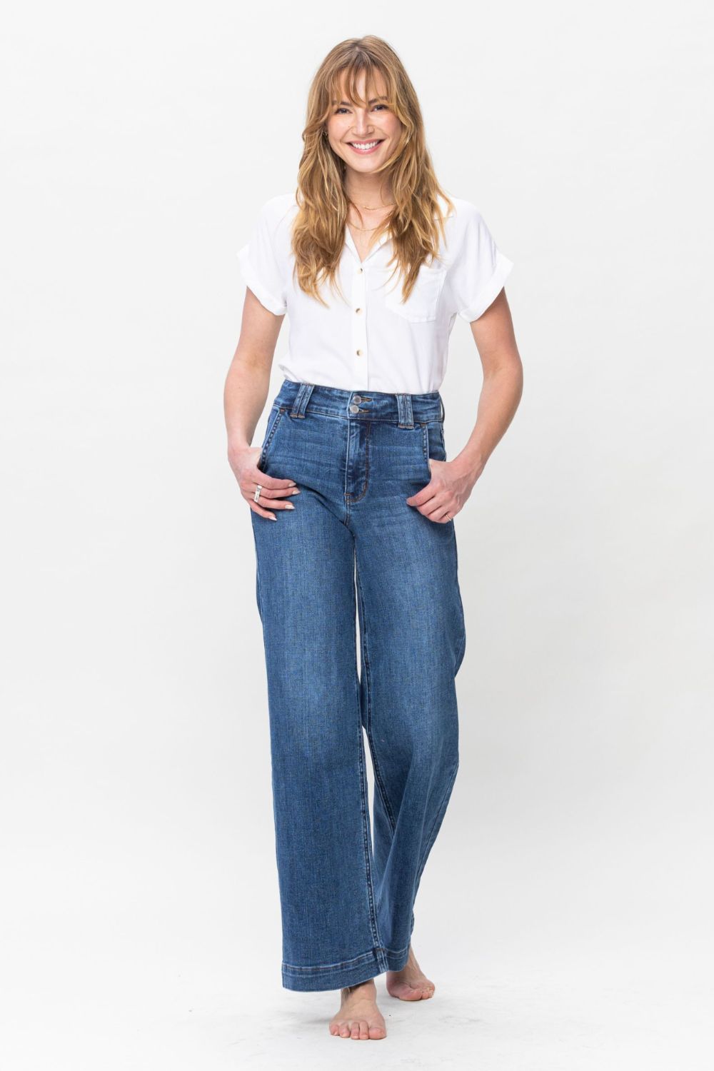 Judy Blue Full Size Double Button Wide Leg Jeans. Inseam 32" - Scarlett's Riverside Boutique 