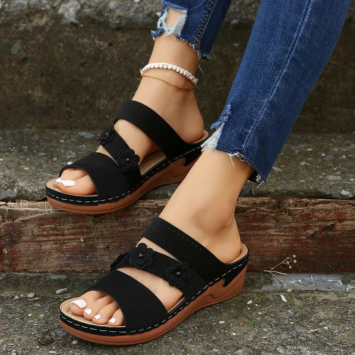 Flower PU Leather Wedge Sandals - Scarlett's Riverside Boutique 