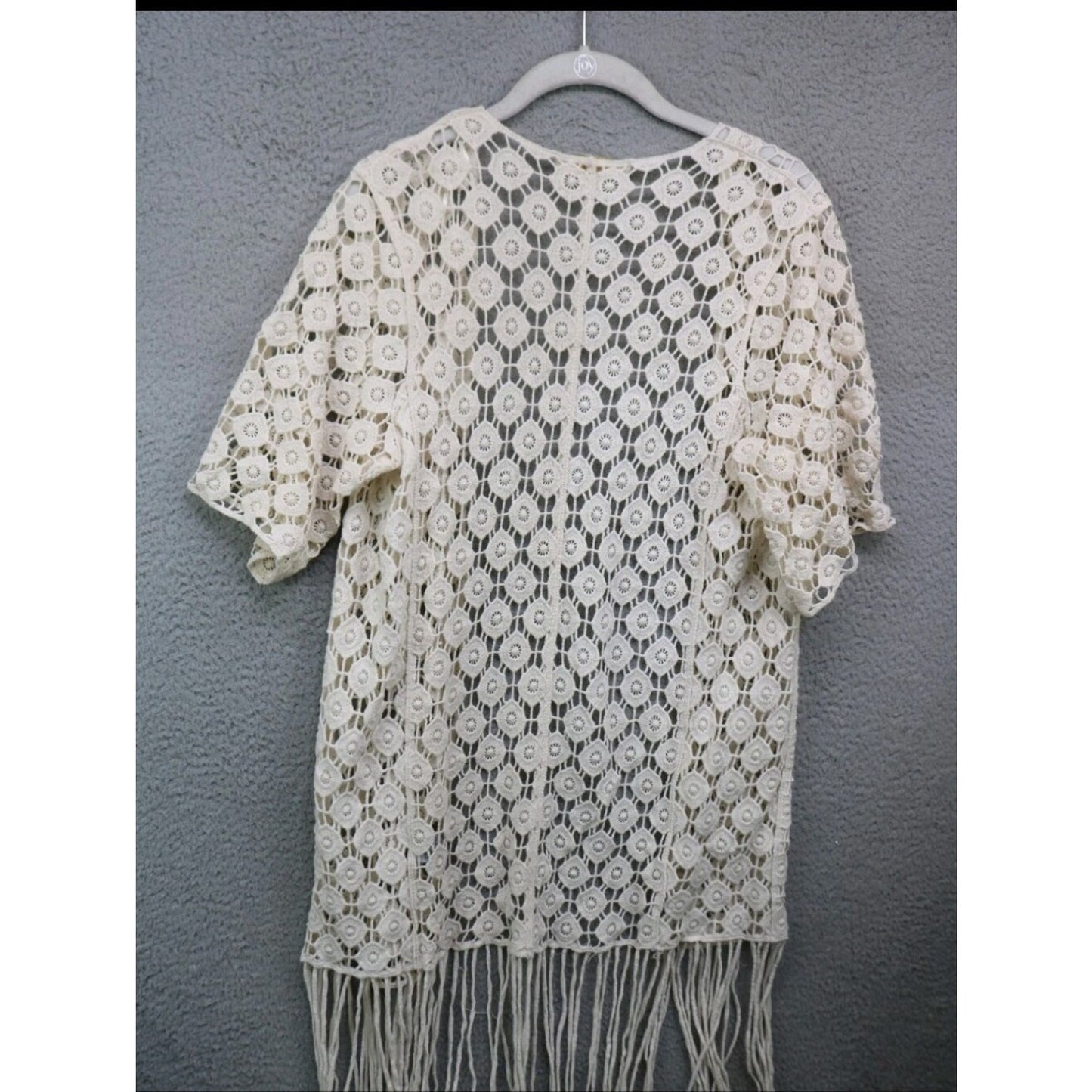 100% Cotton Rebellious One Cream Crochet Fringe Kimono Cardigan Boho Festival