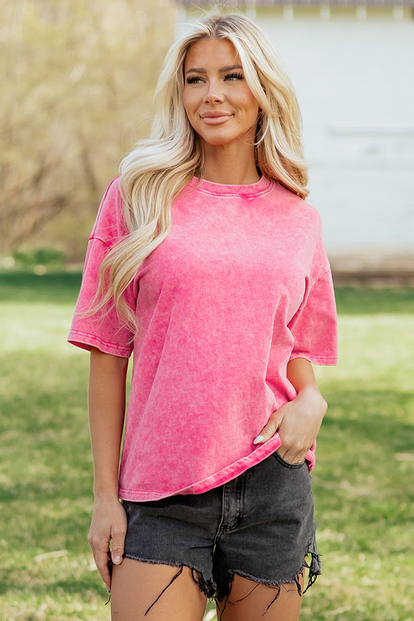 Sachet Pink Mineral Washed Oversized Cotton Tee Womens Casual Short Sleeve Relaxed Top