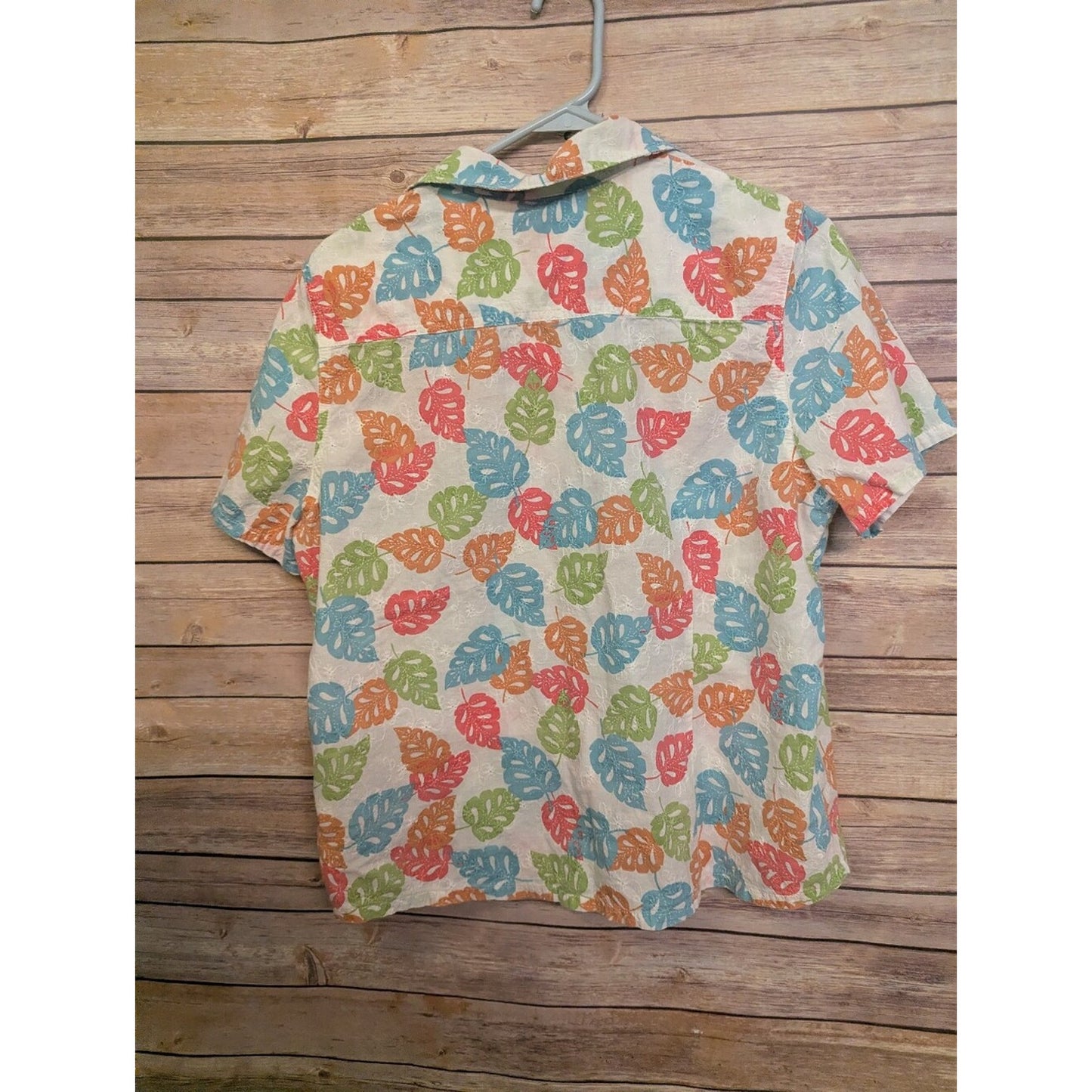 Women’s 14P Tropical Leaf Button Front Shirt Cotton Hawaiian Blouse Petite