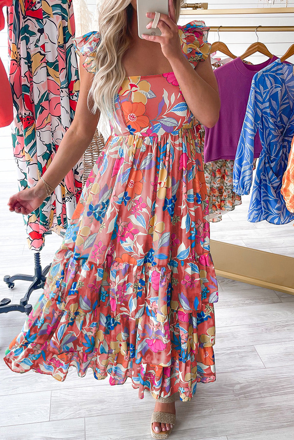 Pink Floral Print Sleeveless Ruffle Tiered Maxi Dress - Scarlett's Riverside Boutique 