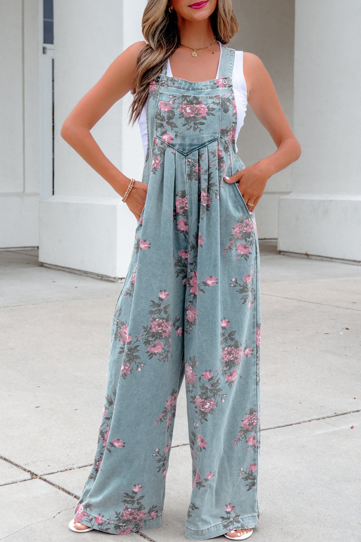 Beau Blue Floral Denim Jumpsuit Wide Leg Pleated Sleeveless Boho Overalls